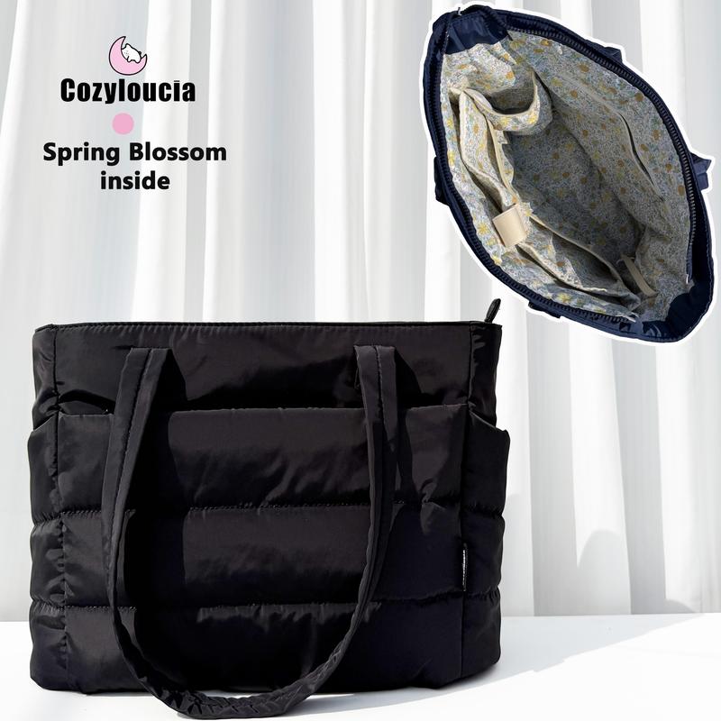 CozyLoucia Cute Puffer Tote Bag for Women Pink Flower Print Interior Laptop Shoulder Handbag, Lightweight Best Tote Bag for Work with Multiple Compartments for Travel , Work  and School ,Christmas Gift Ideas