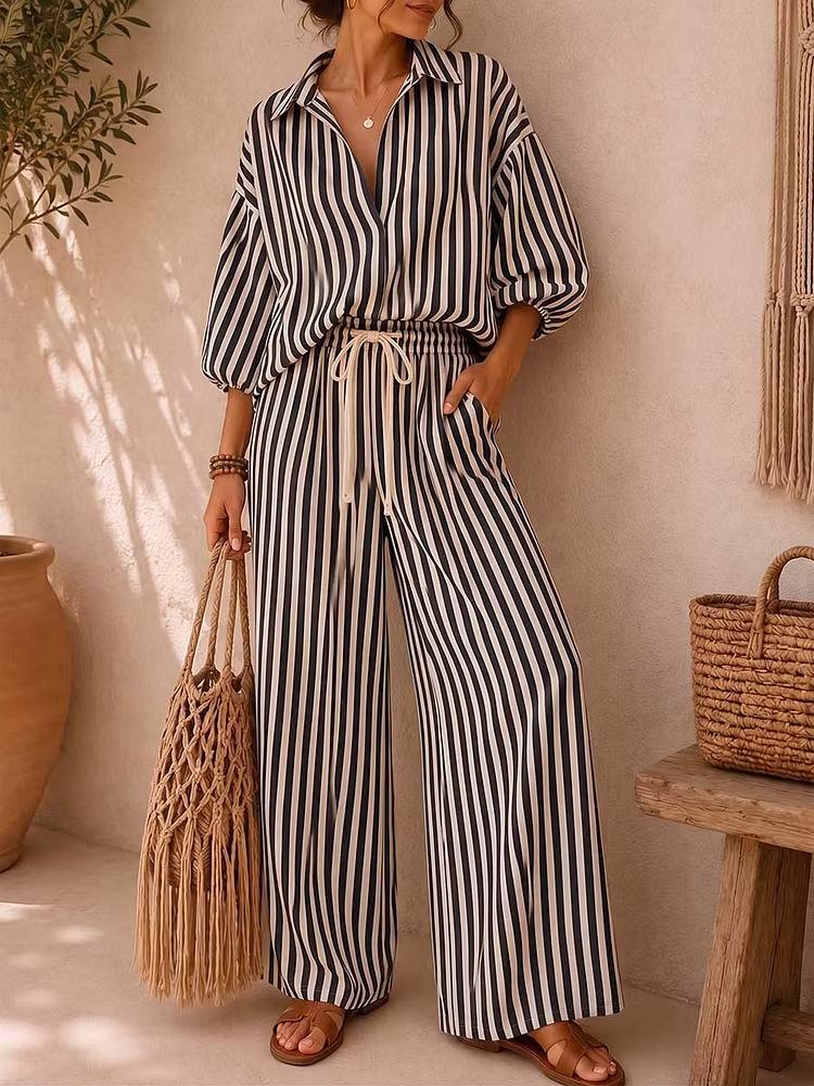 Women's Striped Pattern 2-Piece Set, Collared Neck Long-Sleeve Shirt + Loose-Fit Pants