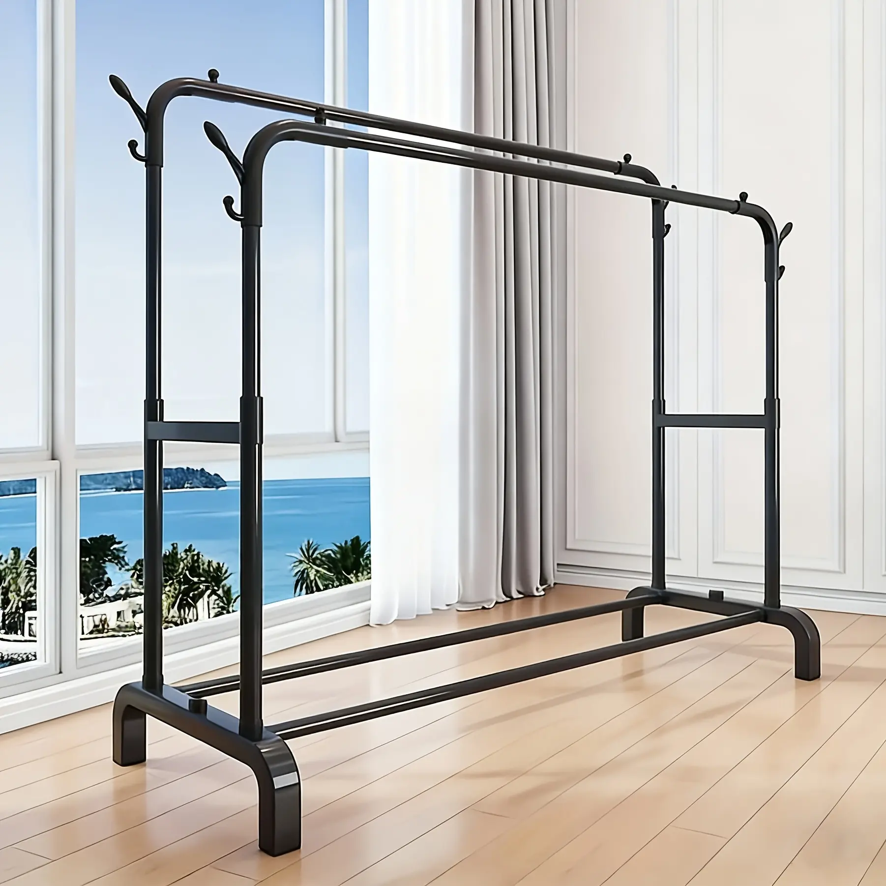 Heavy-Duty Metal Double-Pole Hanger - Large Capacity, Portable Multi-Functional Hanger, Suitable for Bedrooms, Wardrobes, Boutiques, Shopping Centers, Small Retail Stores, Black And White Modern Durable Metal Rack, Hanger
