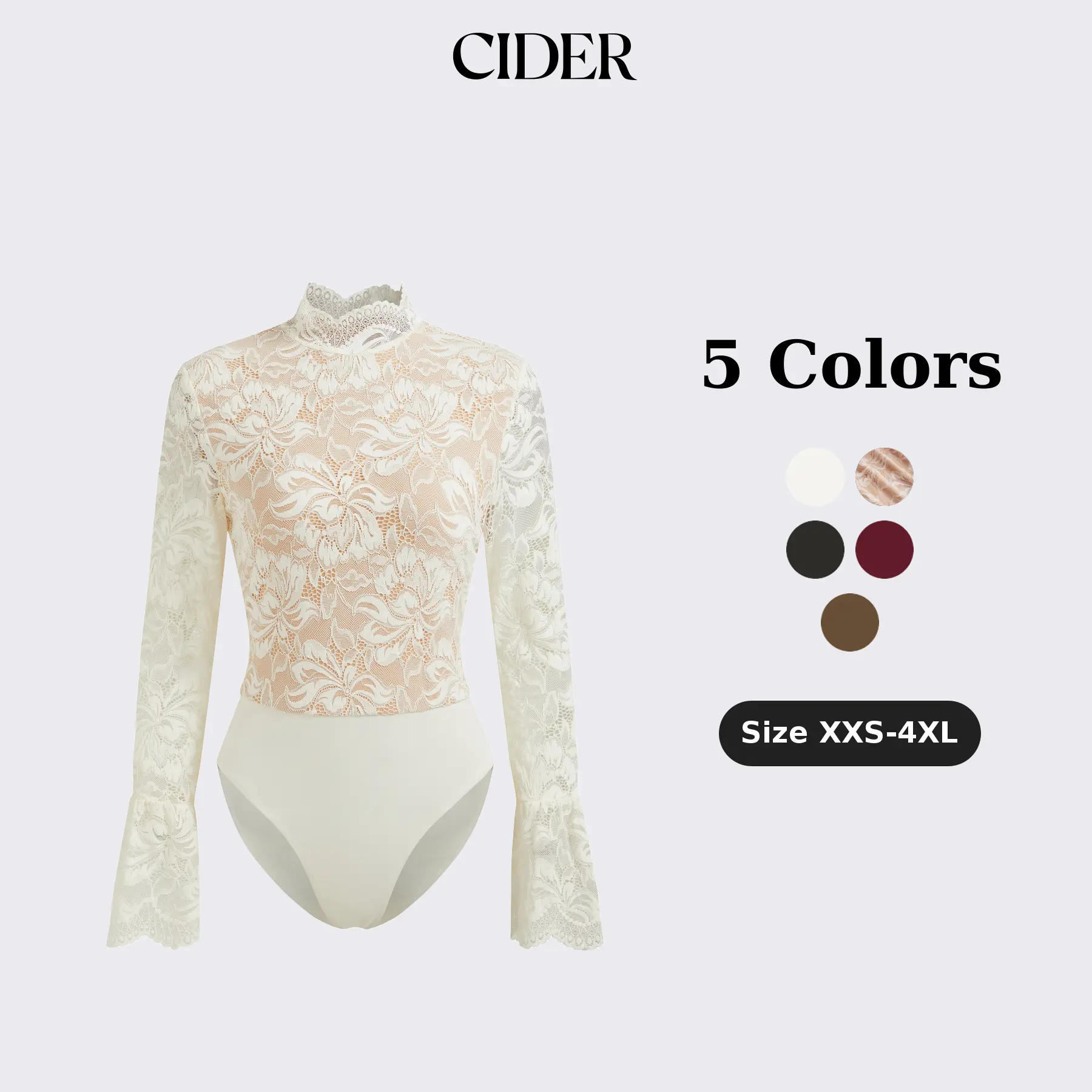 Cider Floral Lace Bodysuit with Stand Collar – Long Sleeve Ruffle Top， Soft Stretch Fabric with Snap Closure for Date Nights & Spring Layering