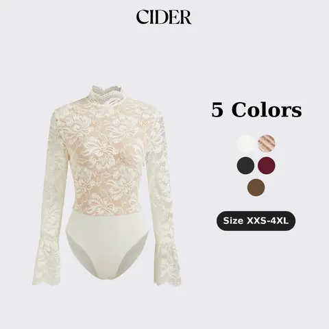 Cider Floral Lace Bodysuit with Stand Collar – Long Sleeve Ruffle Top， Soft Stretch Fabric with Snap Closure