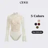 Cider Floral Lace Bodysuit with Stand Collar – Long Sleeve Ruffle Top， Soft Stretch Fabric with Snap Closure