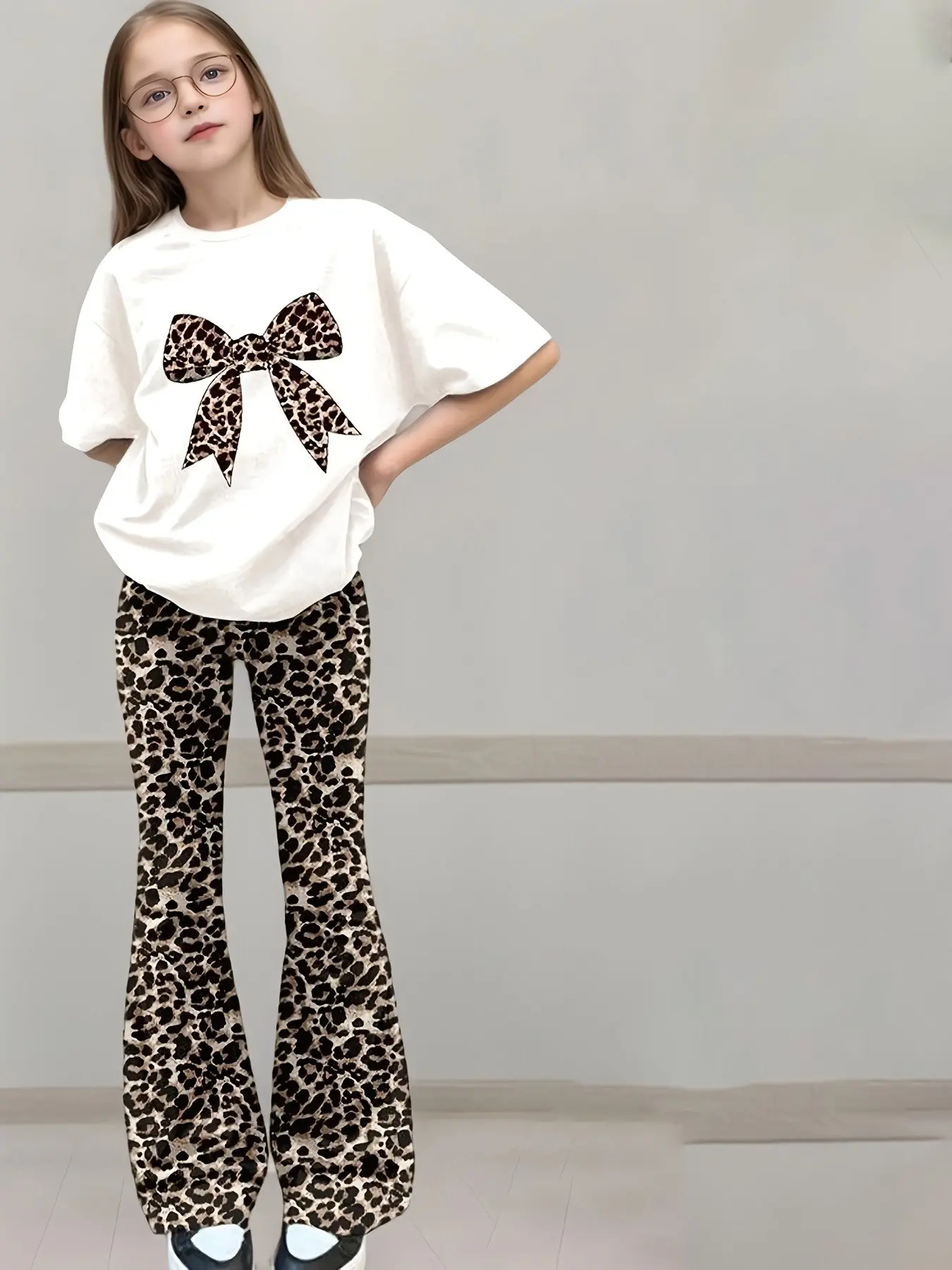 Girls' Leopard Print Bow Tie T-Shirt & Bell Bottom Pants Set, Casual Street Style, Perfect for School, Outing, Shopping, Dating, Travel