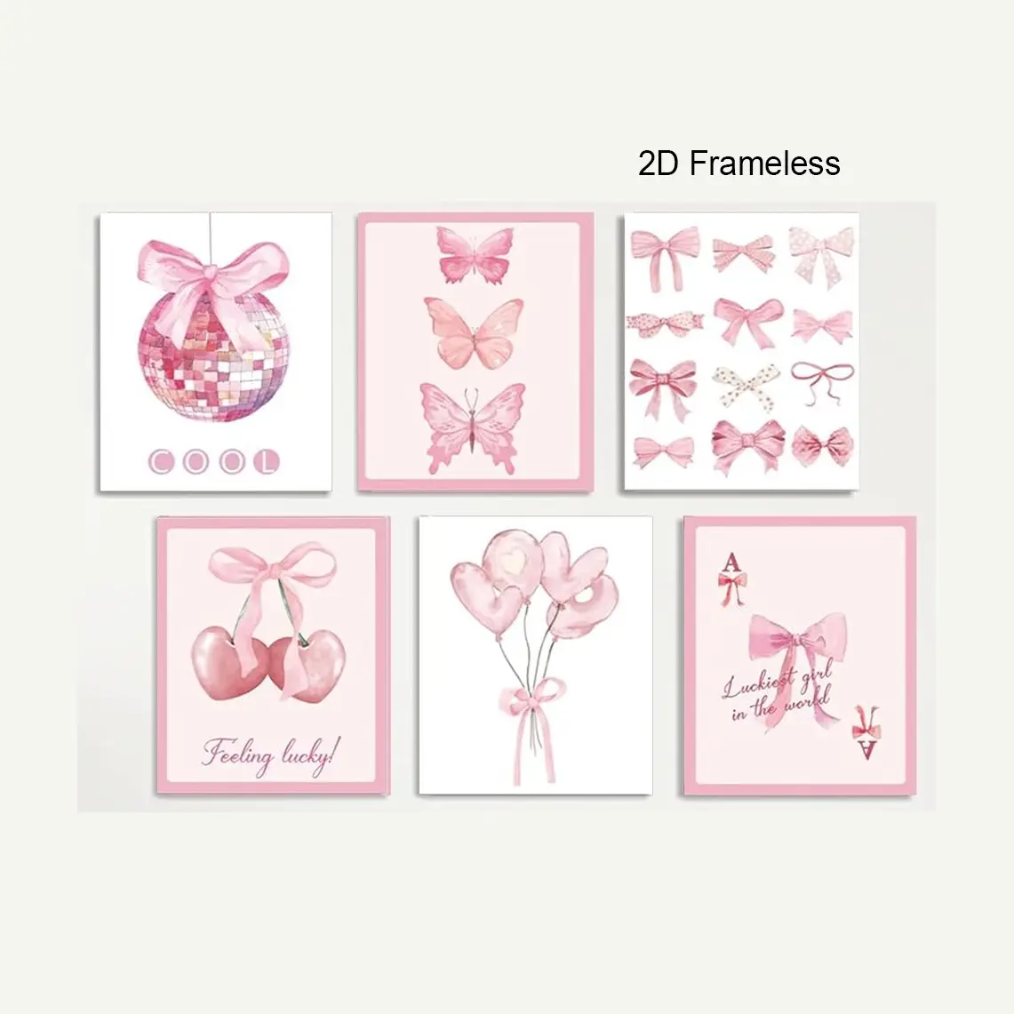 6-Piece Set, Preppy-Style Bow Wall Art, Pink Bow Girly Bedroom Decor, Preppy-Style Bow Artwork Perfect for Girls' Bedrooms and College Dorm Rooms—Frameless Design