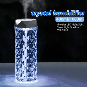 1Pc Desktop Crystal Humidifier，crystal diffuser，crystal lamp，fairy lamp，table lamps，cute humidifier，humidifier for desk，1000ml/400ml,with 7 Colors LED Night Light, No Noise Suitable for Home, Office, Desk, Bedroom