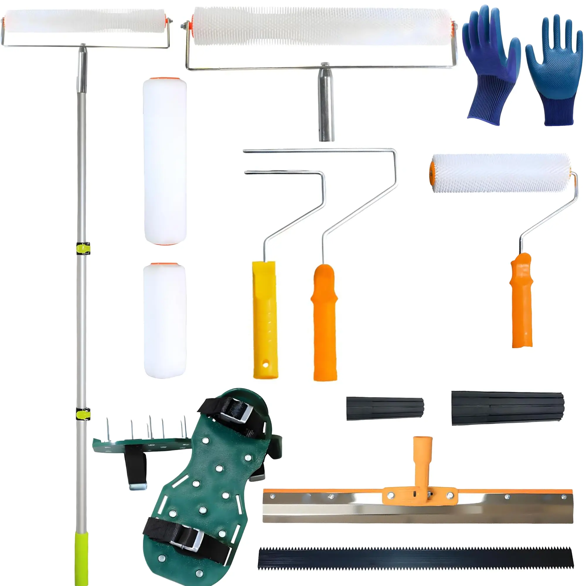 【IdealHouse】Concrete Paint Roller Kit Pack, Practical Epoxy Coating Tools Set with Adjustable Pole, Spiked Rollers, Screed Rake, Lawn Aerator Shoes for Garage, Basement Work