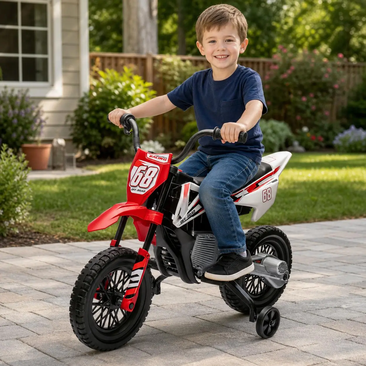 12V Kids Electric Dirt Bike with Training Wheels - Powered Ride on Motorcycle for Boys Girls Ages 3-8 with Suspension, Bluetooth Music, 2 Speeds, Gift for Kids