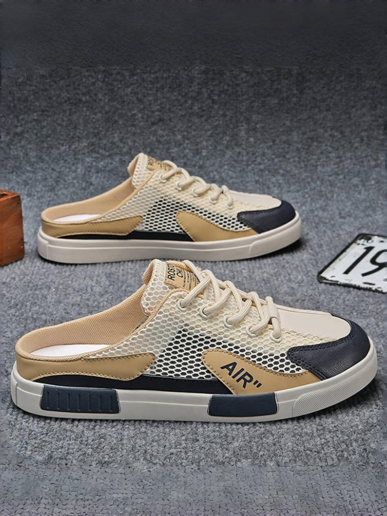 1 Pair Men's Large Size Trendy Color-Block Mule Slippers, Breathable Hollow Mesh Fabric, Anti-Slip Texture, Convenient Laces, Slip-On Casual Shoes for Students