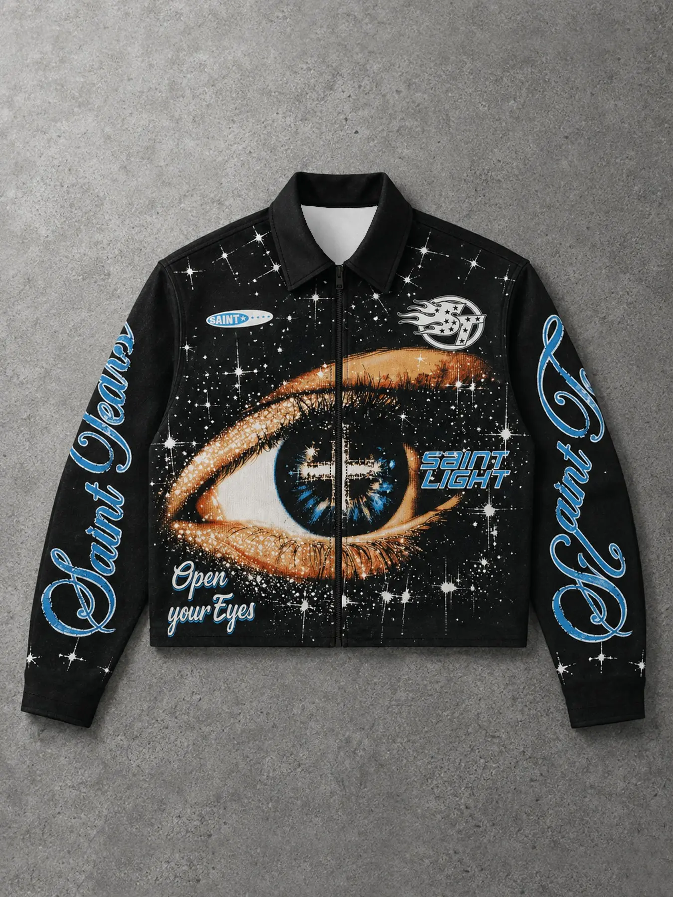 Vintage American Starry Night Full Print Notched Collar Jacket, Street Casual Jacket, Cool Multi-Element Print, Street Style, Music Festival