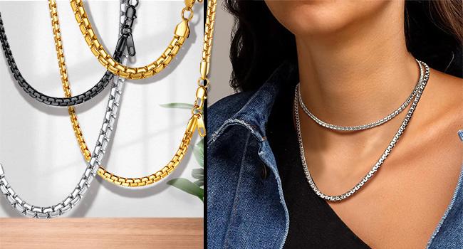 PROSTEEL Flat Box Chain Necklace Stylish Stainless Steel Width 4/6mm Length 14-30 Inches Simple Minimalist Unisex Jewelry For Men Women Gift Box