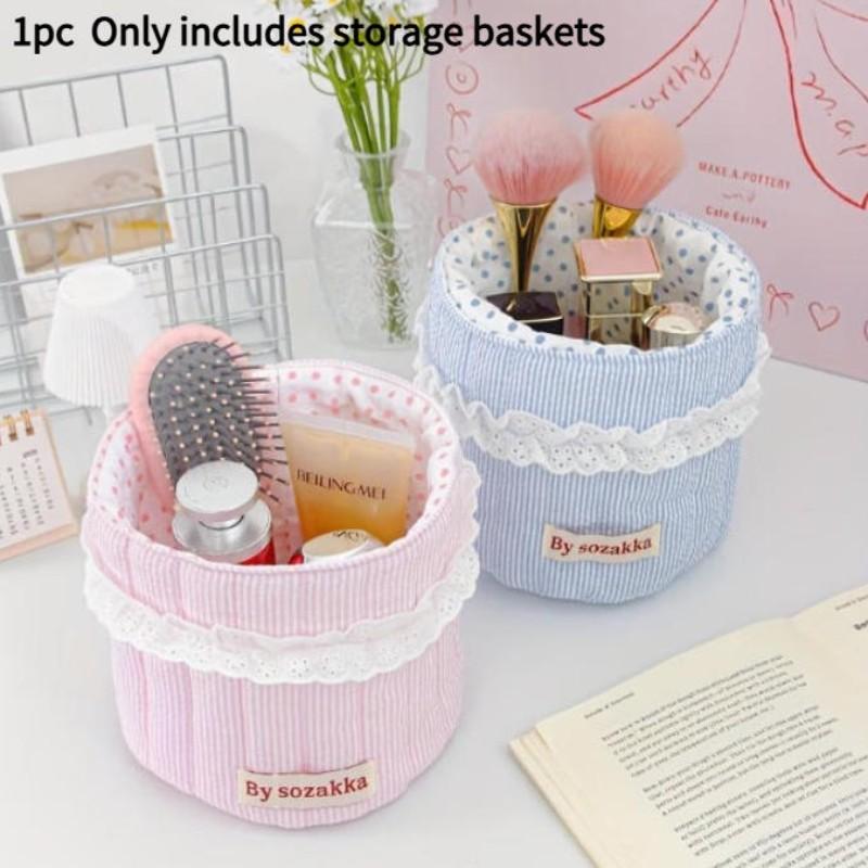 Cute Quilted Makeup Cosmetics Storage Basket, Scalloped Baskets, Multifunctional Large Capacity, Desktop Organizer for Home Office