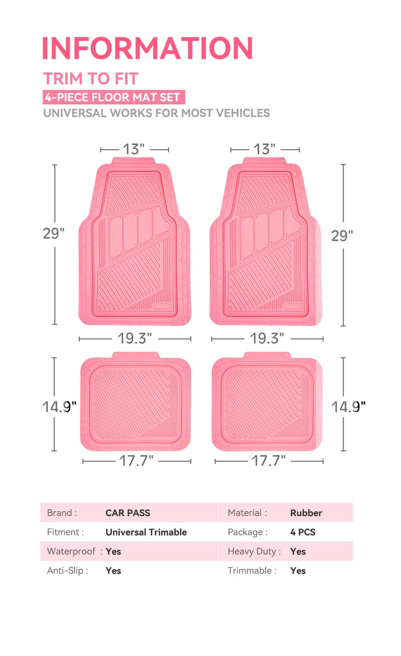 CAR PASS 4pcs Heavy Duty Rubber Floor Mats Pink 4-Piece Car Mat Set Universal Waterproof for SUV Truck Durable All-Weather Mats for Car Women Girly