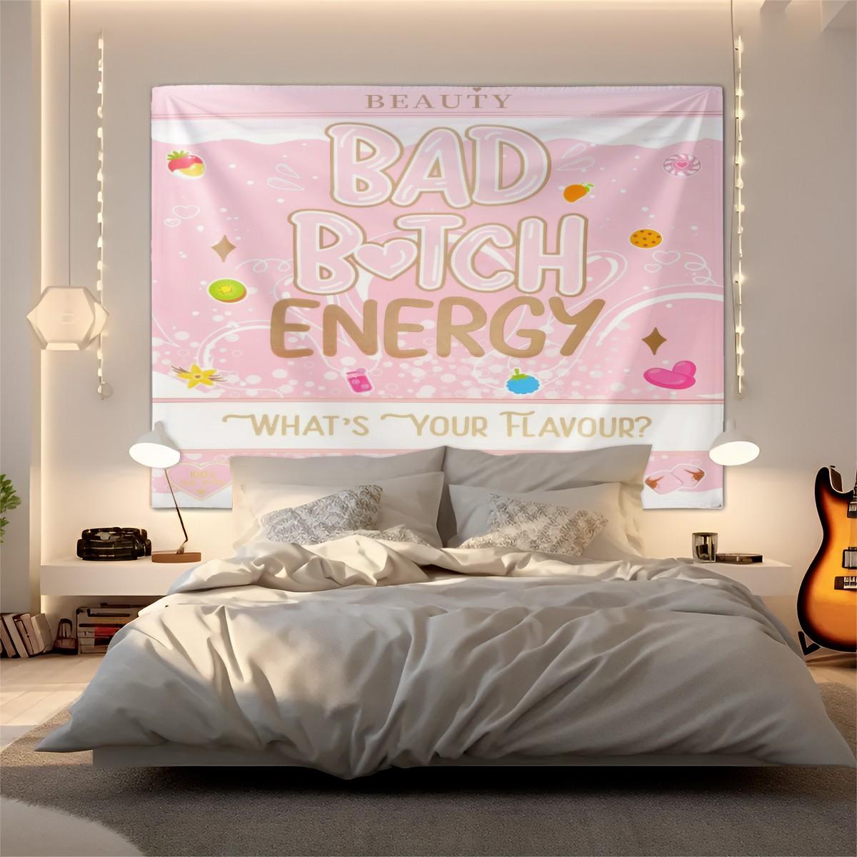 Y2K Bad B*tch Energy Tapestry, Cute Print Wall Hanging Tapestries, Sweet & Cool Style Backdrop Decor, Soft Colorful Wall Blanket for Bedroom Dorm Living Room, Perfect Gift