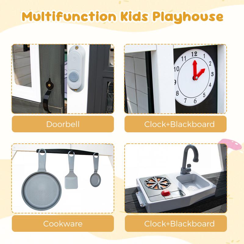 Segmart Outdoor Wooden Playhouse for Kids Ages 4-8 – Play House with Working Doorbell, Kitchen Toys, and Windows – Backyard Play Equipment for Boys & Girls (45”L x 65”H)