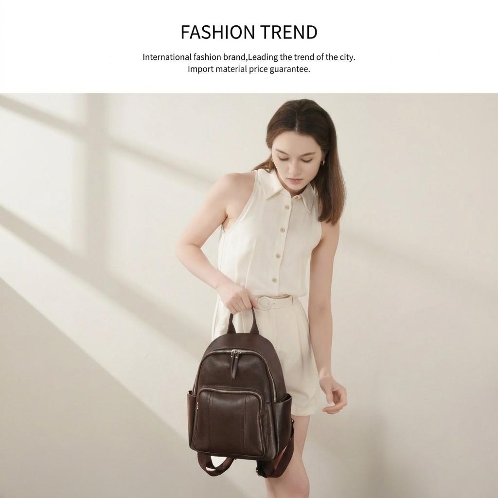 1pc Cowhide Women's Fashion Backpack, Spacious Soft Leather Rucksack for Daily Travel and School.