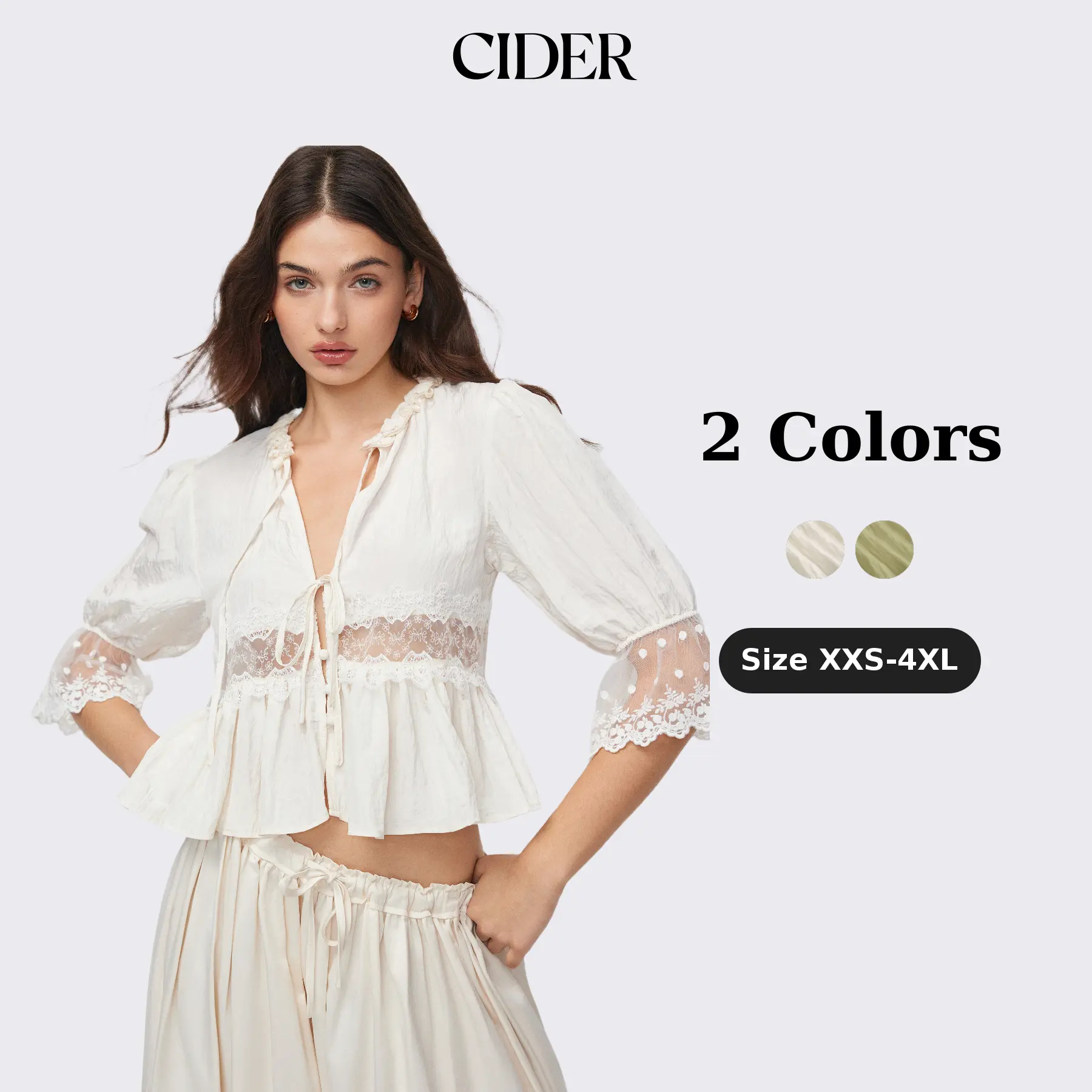 Cider Round Neckline Lace Beaded Puff Sleeve Blouse