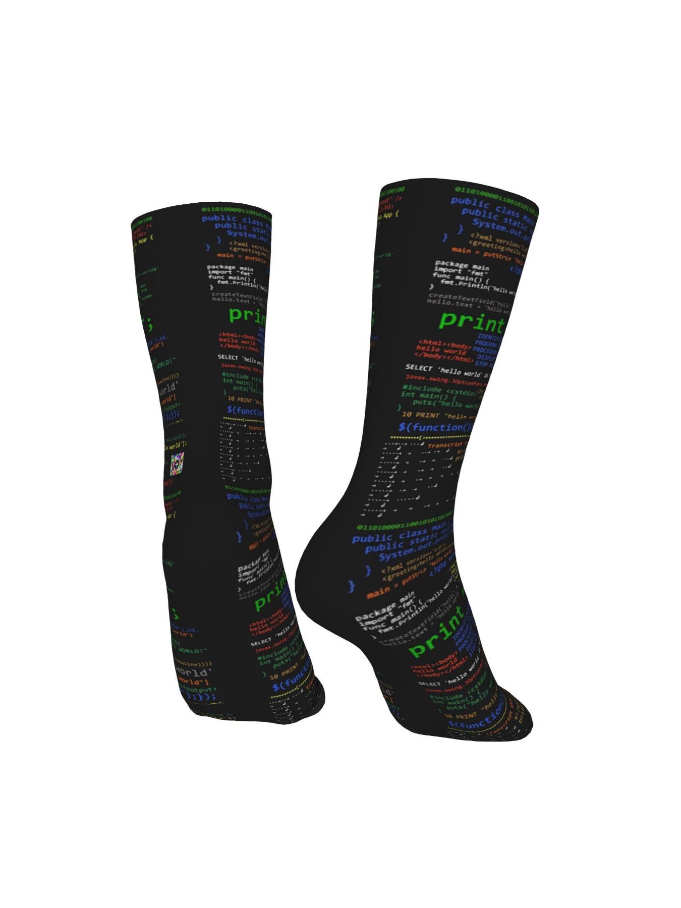 BIIHUDU Men'S Linux & Python Code Socks - Full-Body Programming Language Design (World; Hello World; print();) - Dark Green/Red - Tech Gift for Programmers, Developers - Durable Polyester Casual & Formal Wear - Novelty Computer Socks