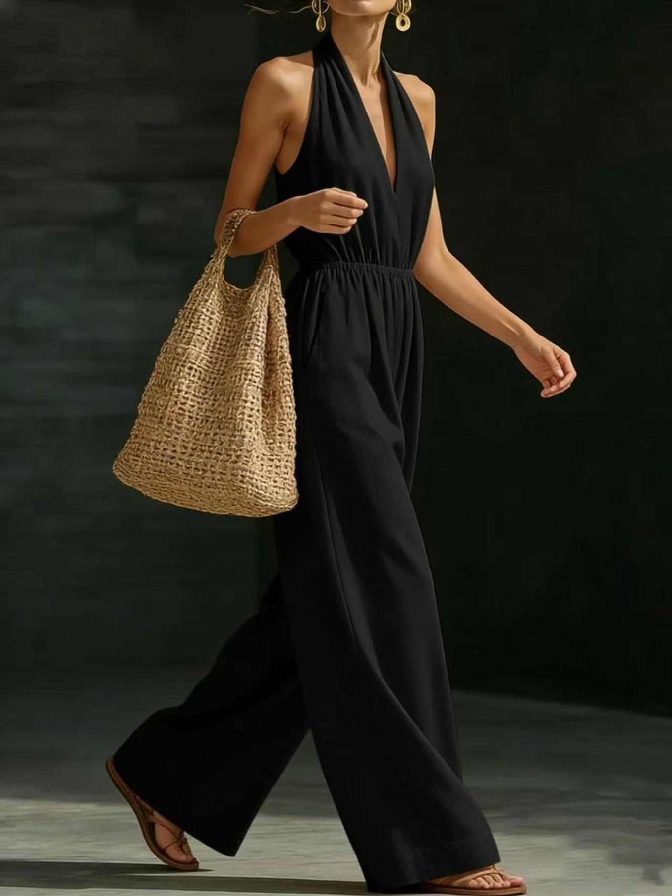 Women's V-Neck Halter Backless One-Piece Dress, Elegant Design, Fashionable Office Wear, French Style, Perfect for Daily Use