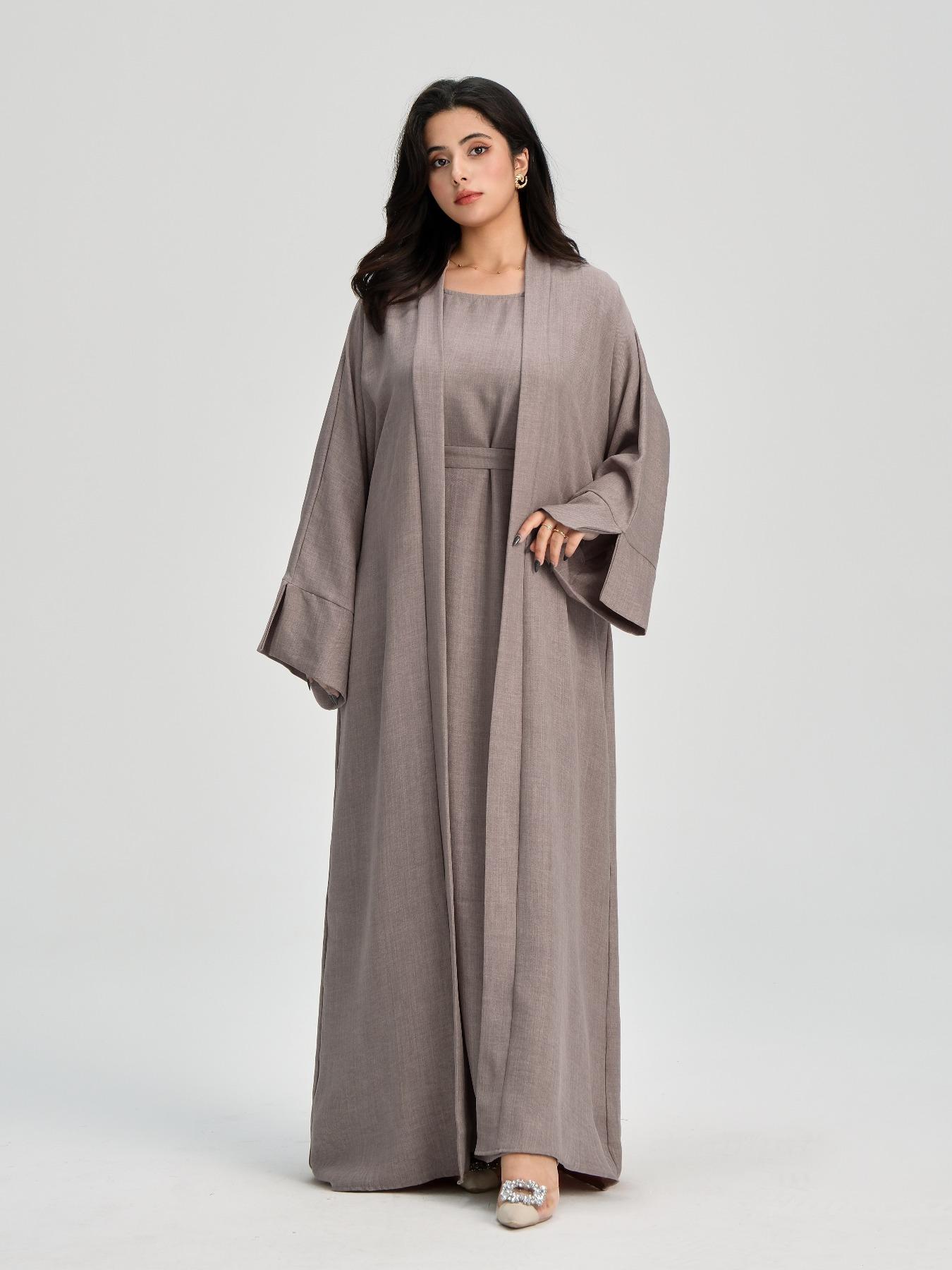 Women's Solid Color Belted Abaya & Dress Two-piece Set, Casual Long Sleeve Open Front Outerwear & Dress Set, Modest Muslim Outfits, Ladies Islamic Clothing for All Seasons
