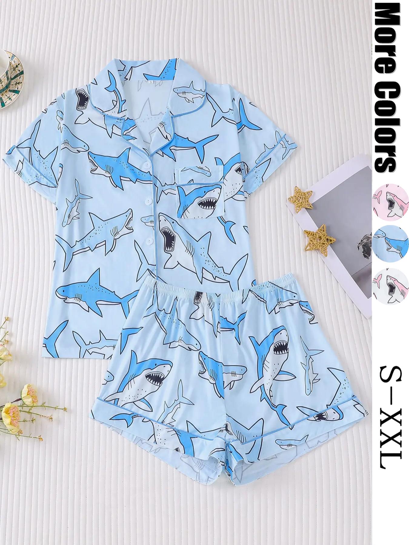 Women's All Over Animal Print Crop Shirt & Elastic Waist Shorts Pyjama Two-piece Set, Casual Comfy Short Sleeve Top & Shorts Pj Set, Ladies Sleepwear for All Seasons