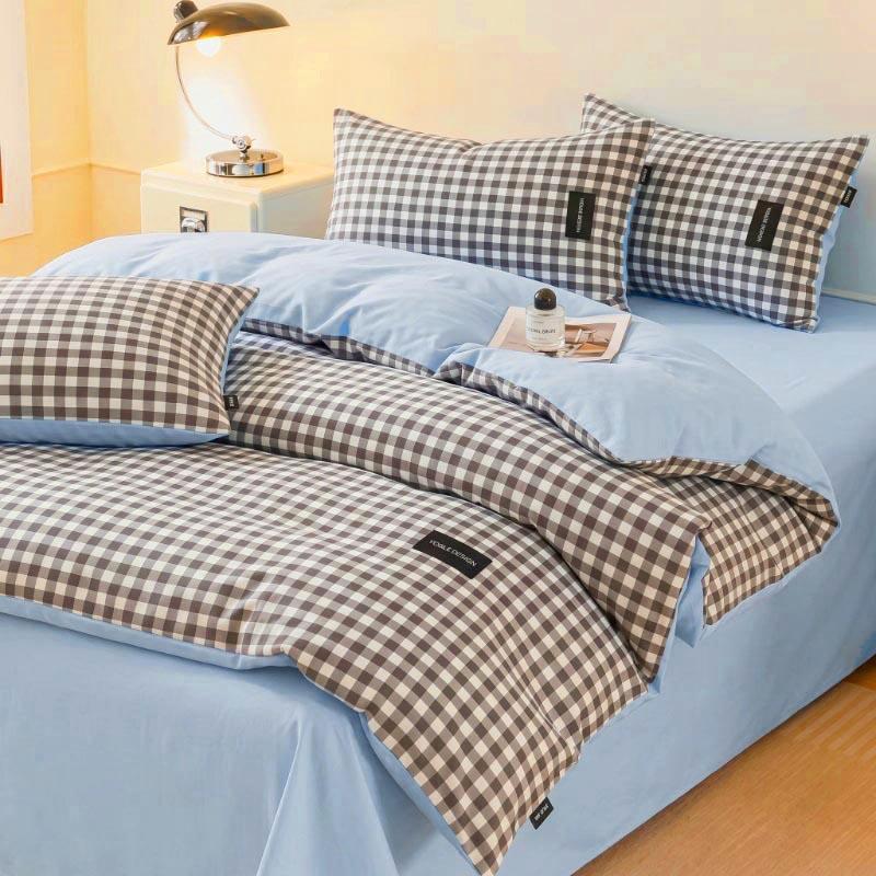 Colorful Cationic Fabric Plaid Four-Piece Set, Includes Duvet Cover, Bed Skirt, Pillowcases, Comfortable and Stylish Bedroom Essentials