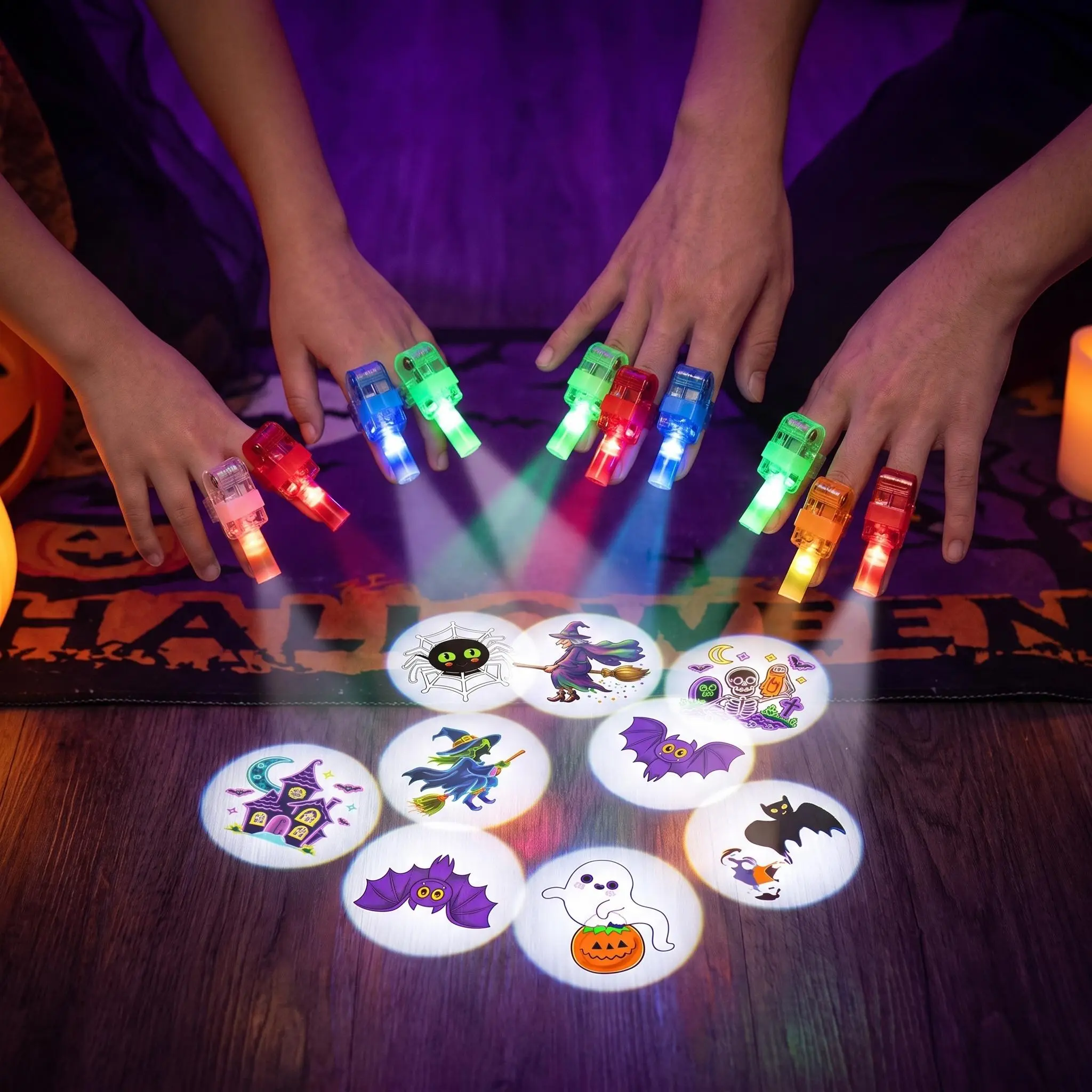 Spooky Season Trick Or Treat Finger Projector LED Flashlight Glow Ring Rave Party Prop Novelty Bat Ghost Witch Pattern Holiday Atmosphere Decor Adult Teen Night Event Hand Accessory Essential