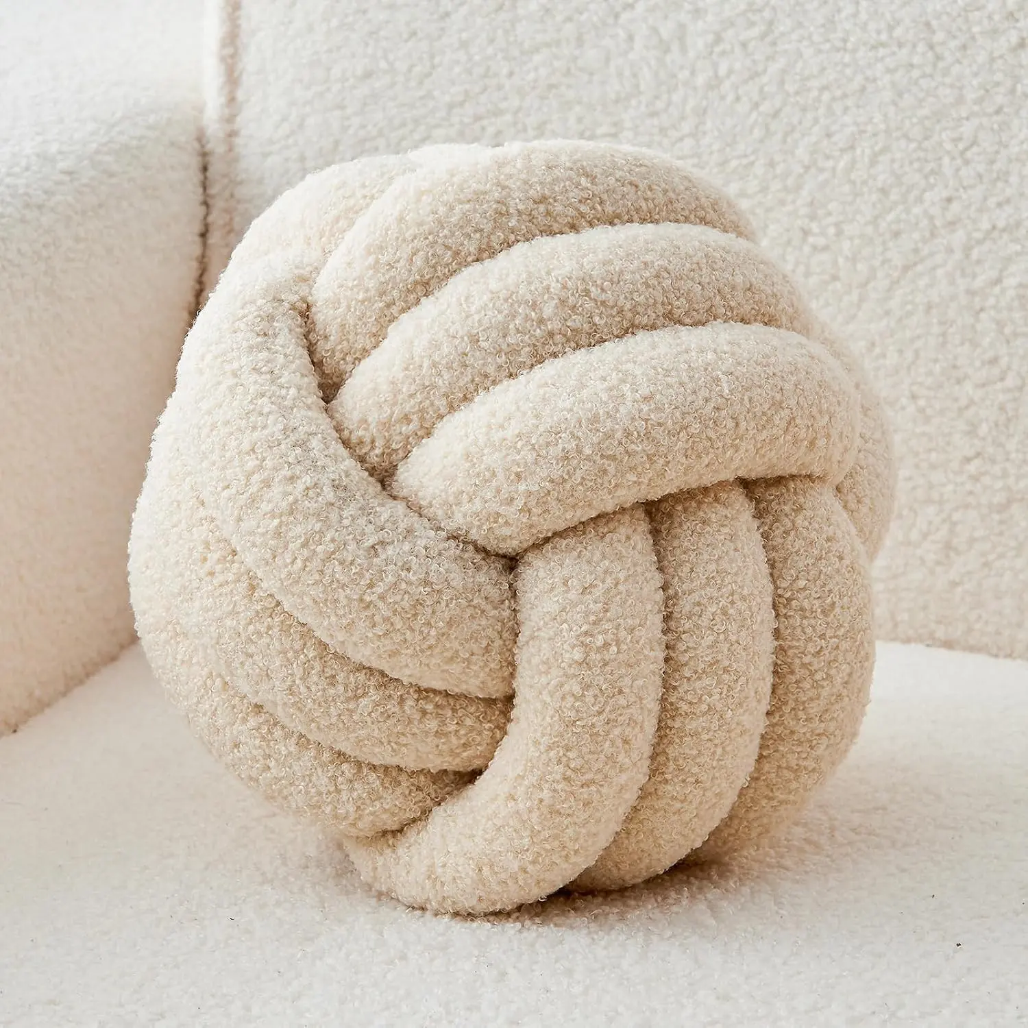 Knot Pillow Ball Beige Throw Pillow 8 Inch Small Decorative Pillows | Lambswool, Handmade, Round Knotted Cushion, 1 Count, Styled Accent Gifts for Sofa, Couch, Chair or Bed Room Home Decor