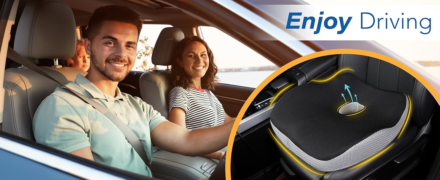 JOKG OKGCar Seat Cushion, Ergonomic Memory Foam Car Cushion for Sciatica Pain Relief, Larger Driving Seat Pillow for Short Drivers on Long Drives - Butt Pillow for Truck, Office, Wheelchair - Black&Gray