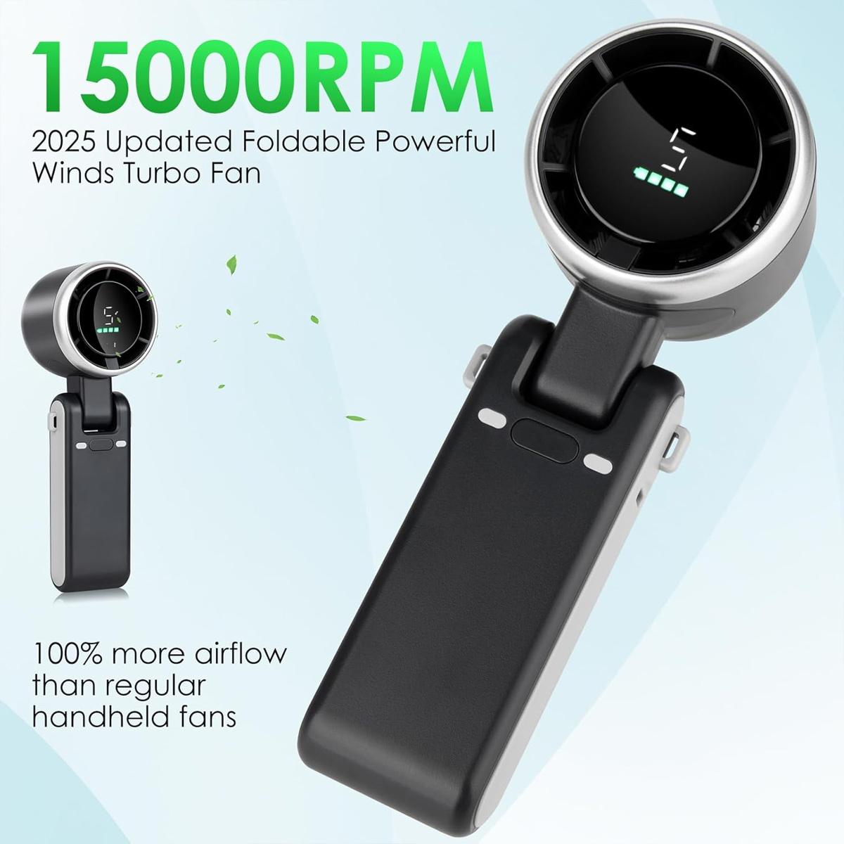 Portable Handheld Mini Turbo Fan USB Rechargeable Travel Neck Fan with 5 Speeds 3600mAh Battery & 15000 RPM Speed Up to 8 Working Hours 3 in 1 Foldable Personal Cooling Fan for Travel Home Black Pink