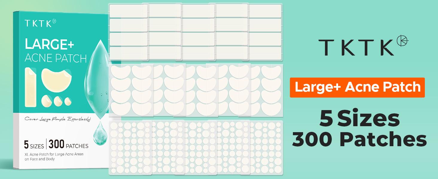 TKTK  Large Pimple Patches for Face(Strip, Contoured, Dot 5 Sizes 300 Count) , Acne Patches 60 x 20 mm, XL Hydrocolloid Bandages for Forehead,Chin,Full Face,Back,Neck and Body Skincare,acne clearing products,pimple patch #SpringStatements