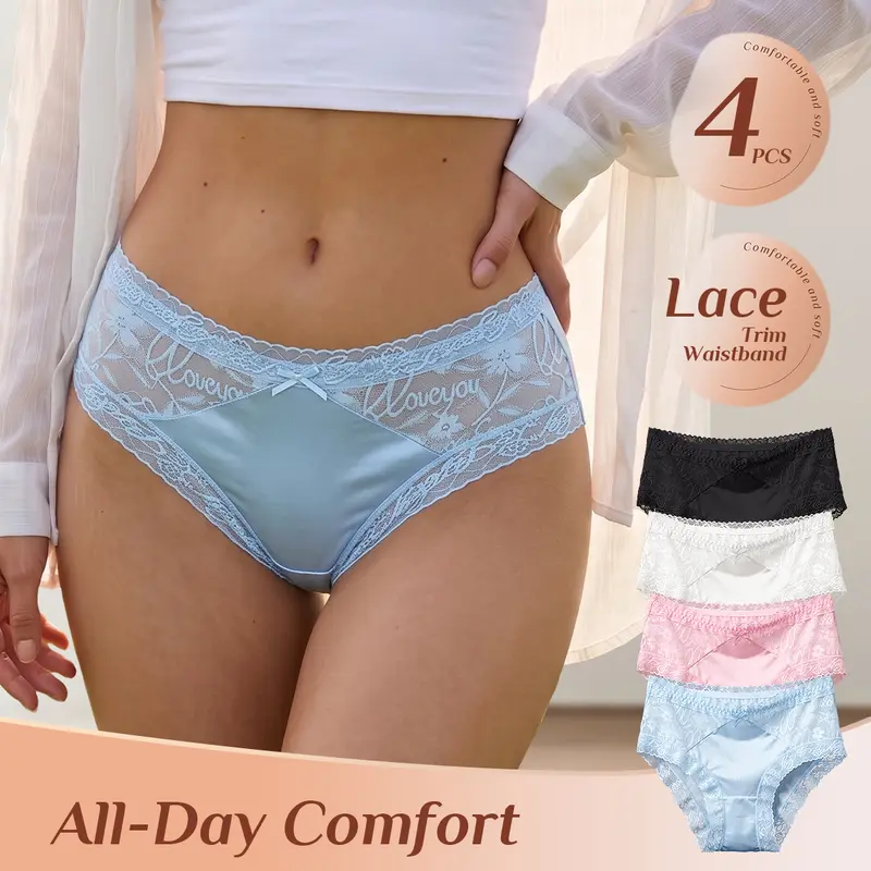 QUASTI 4 Pack Women's Lace Brief Panties, Cute Bow Accent Panties, Elegant Floral Lace Trim, Soft Stretch Breathable Knicker Underwear, Mid‑Rise Full Coverage Ladies Briefs, Casual Daily Wear Underpants for Women