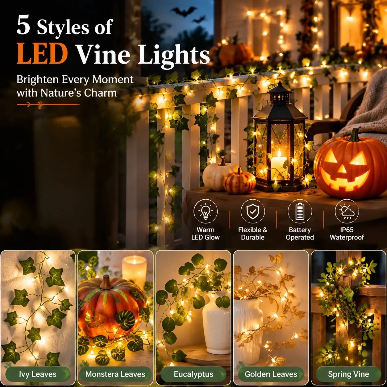 5 styles vine with Fairy Lights Battery Operated, 33ft 100 LED Ivy String Lights , Leaf Lights for Bedroom, Room, Wall, Party, Wedding Decor (Warm White)-YY2