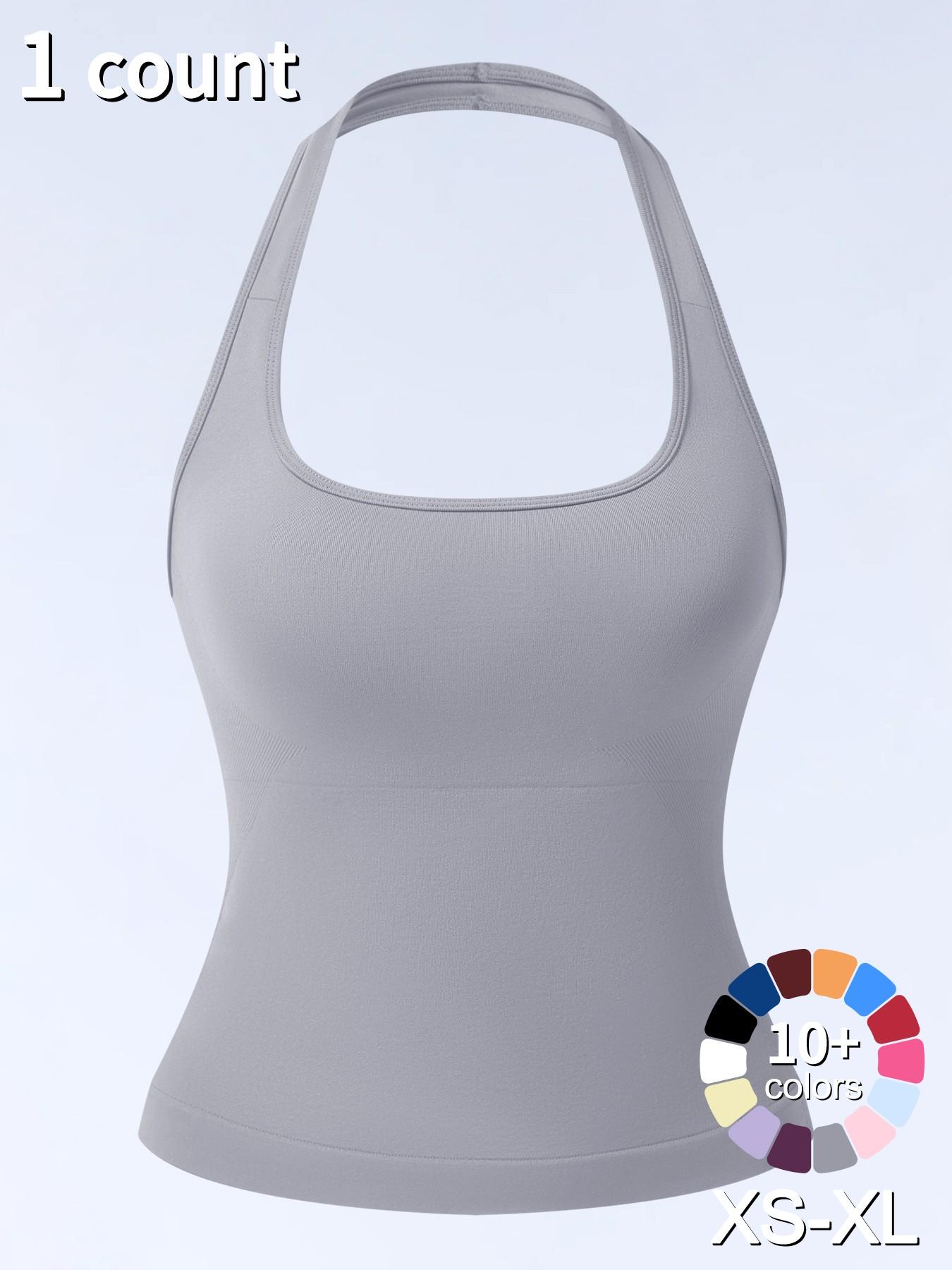 1/2/3/4 Pcs Women's Sleeveless Yoga Halter Neck Tank Top with Removable Pads, Three-Layer Seamless Backless Tank Tops Casual Solid Color Soft All Seasons Wear