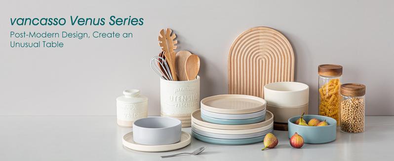 Vancasso Venus 12-Pc Home Cutlery Minimalist Modern Design Tableware with Vertical Edges Dish and Matte Finish Kitchenware Containers Dinnerware Service Set