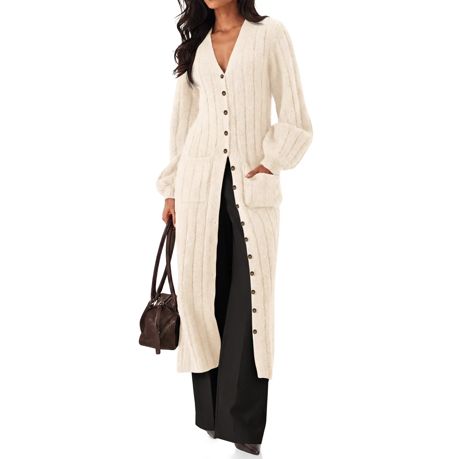 Cicy Bell Women Long Cardigan Sweaters V Neck Puff Long Sleeve Duster Coat | Chunky Knit, Button Down Open Front, Fall Casual Trendy, Loose Fit Outerwear, Lightweight Knitwear With Large Pockets