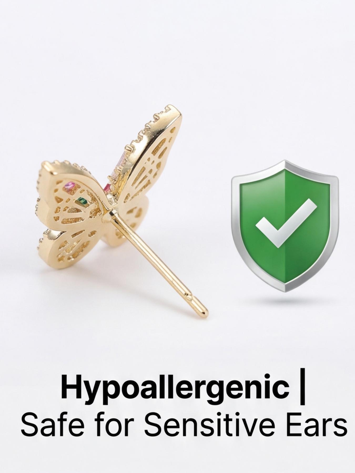 Women's Hypoallergenic Luxury Rainbow Crystal Butterfly Stud Earrings, Gold Plated Full Paved Multi-Color Rhinestone Inlaid Statement Earrings, Fashion Jewelry for Party Wedding Everyday Wear & Gift