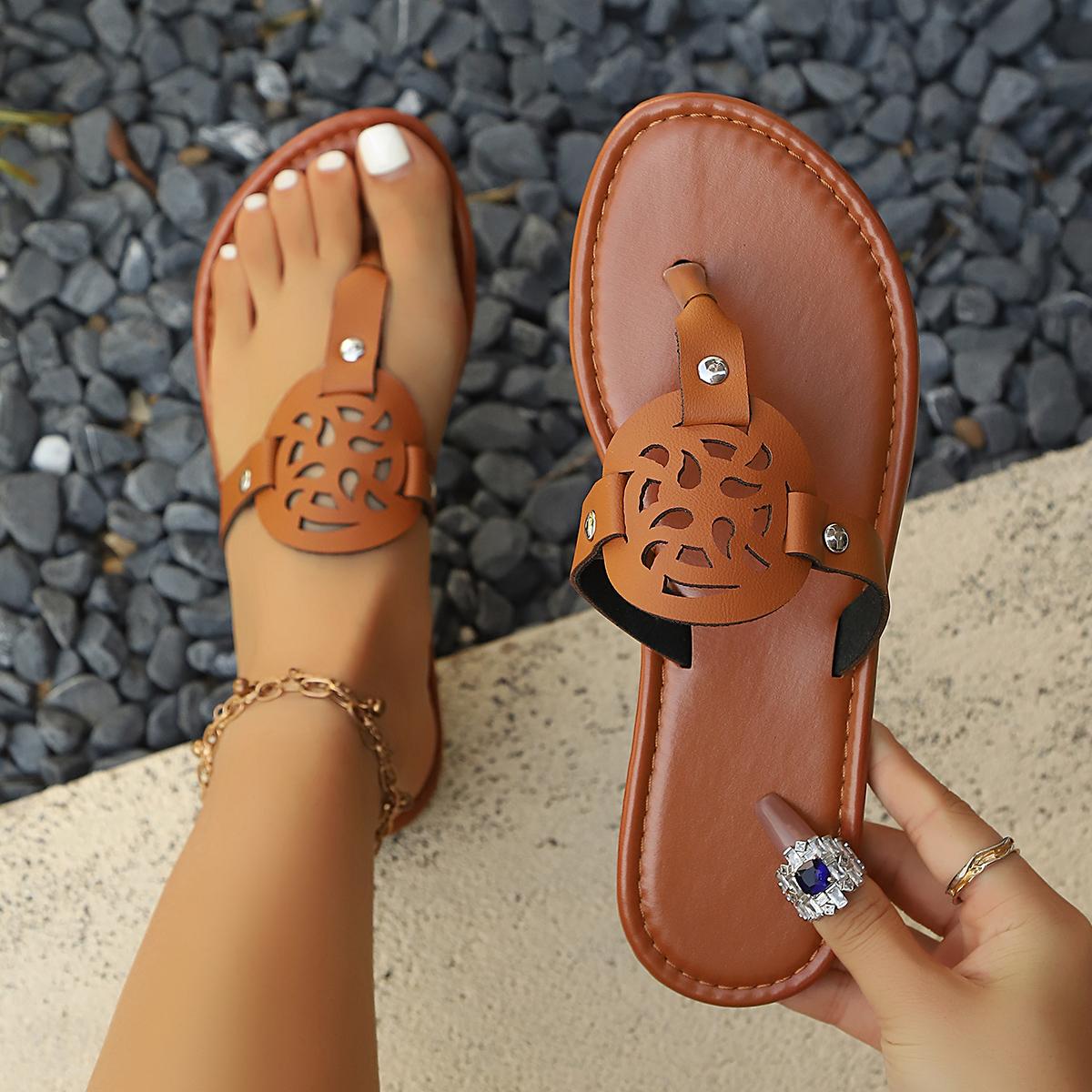 Women's Hollow-Out Cutout Flip-Flop Sandals, Strappy Summer Sandals, Summer New Flat Thong Slippers, Casual Versatile Beach Vacation Shoes