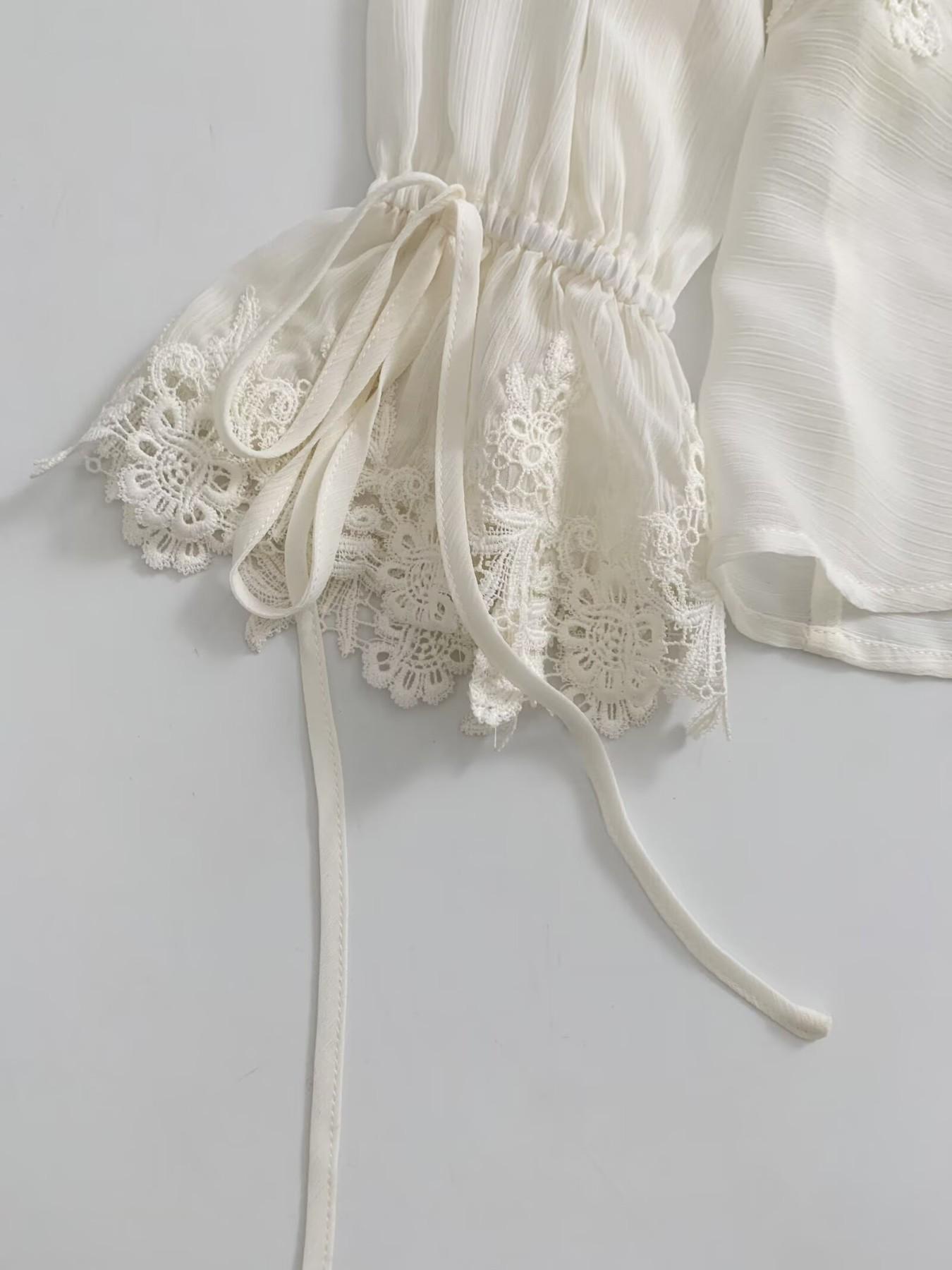 Elegant French Lace Chiffon Loose Top Blouses, Drawstring Ruffle, Deep V Neck, Beach Vacation Overshirt, Floral Embellished, Rice