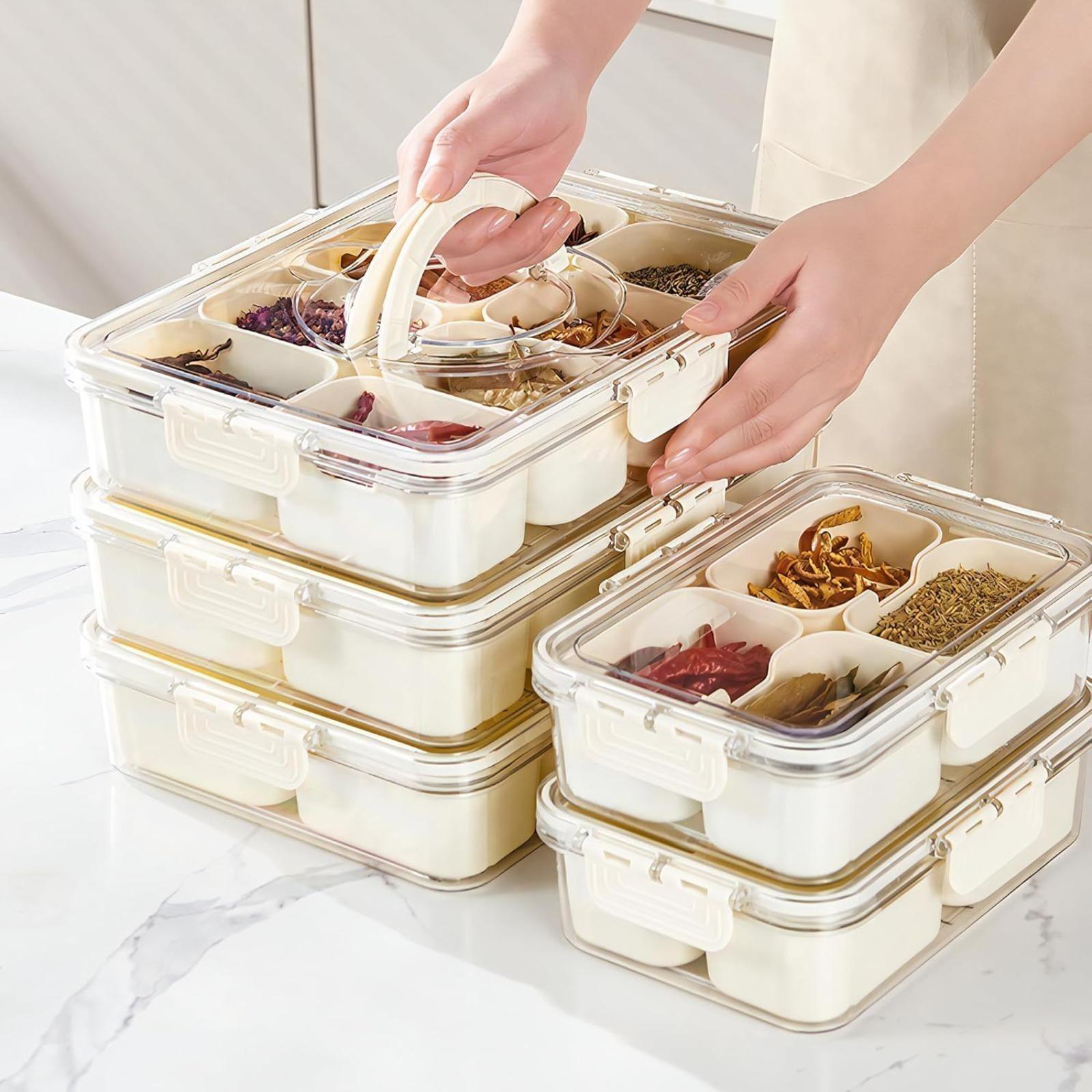 Clear 8 Compartment Airtight Snack Storage Container with Lid and Handle, Leakproof Divided Serving Tray with Detachable Grids, Dishwasher Safe Storage Box for Nuts, Candy, Portable Organizer, Lunch Container for Picnics, Travel and Home Use