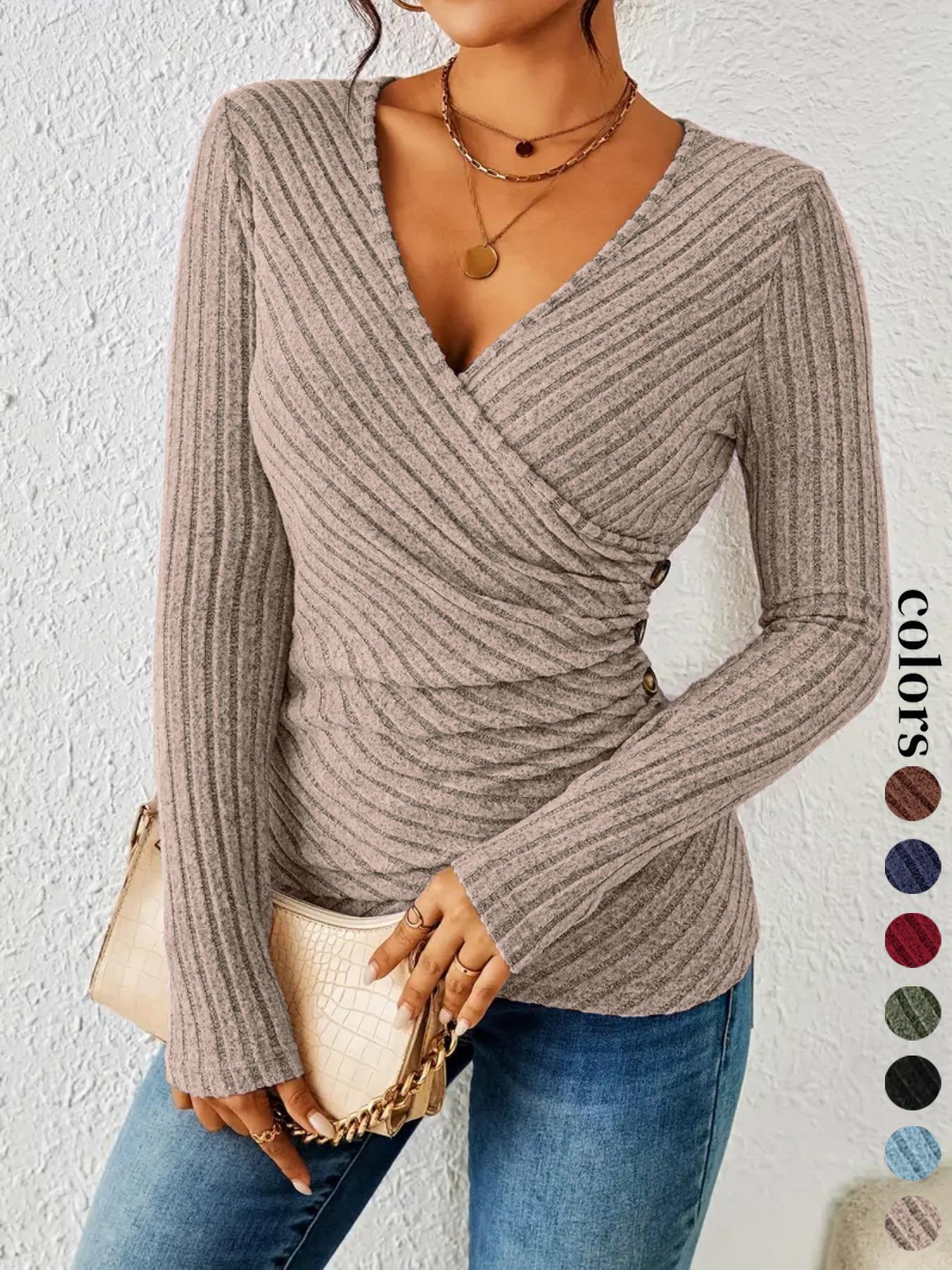 Women's New Style Solid Color Crinkle Cross Neck Long Sleeve Button Front Top, Casual Fashion Blouse for Daily Wear