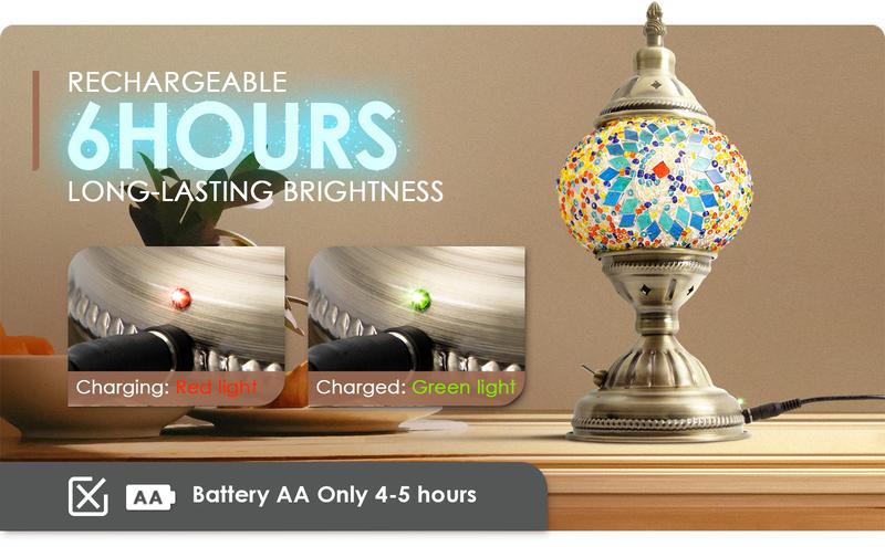 Yarra-Decor Handmade Turkish Moroccan Lamp - Tiffany Mosaic Glass with Bronze Base, Portable Bedside Lamp, Rechargeable Battery 2000mAh (LED Bulb Included) Lighting Christmas gifts Valentine's Day gifts