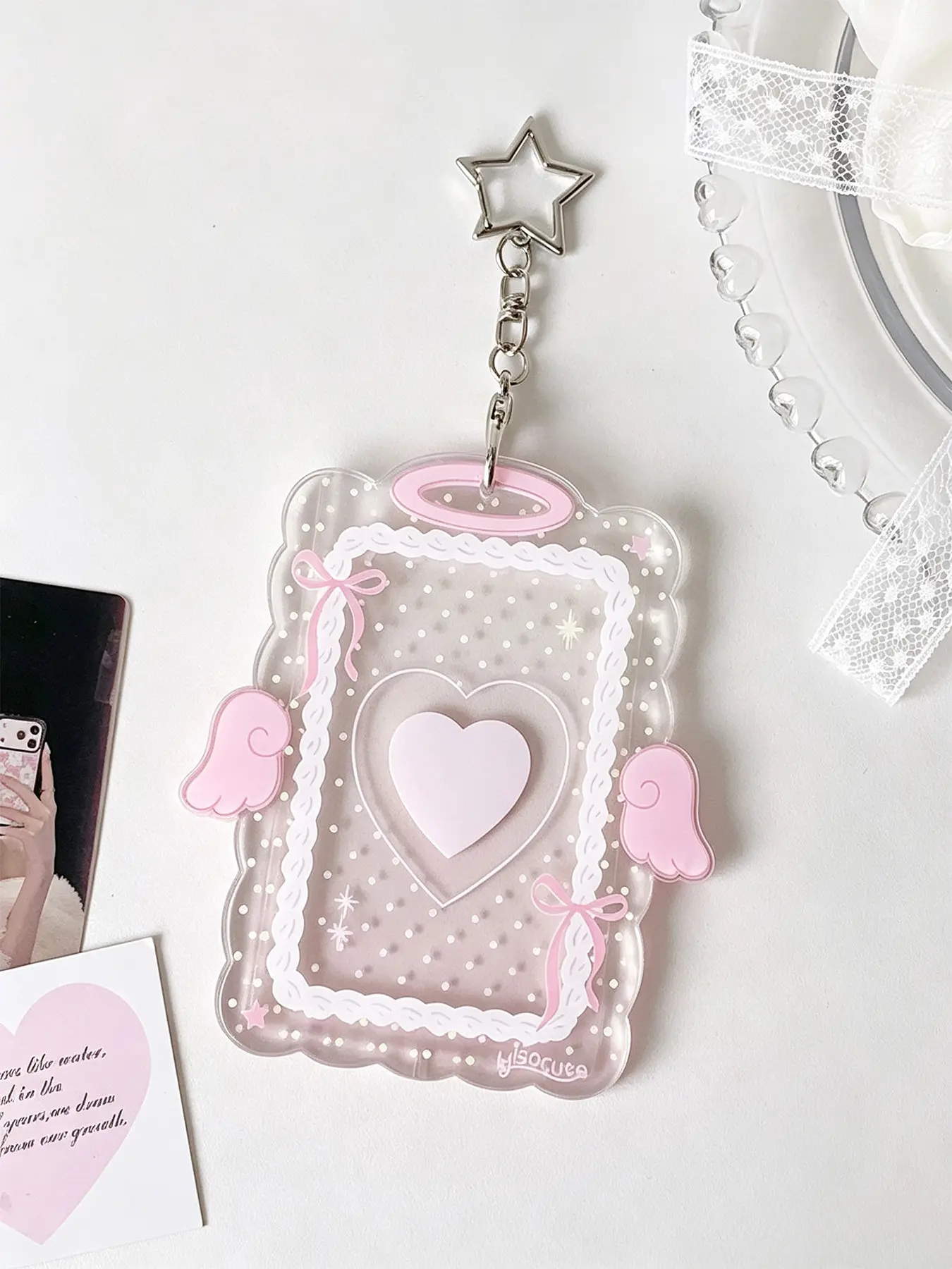 1pc Minimalist Design Girl Heart Transparent Angel Polka Dot 3 Inch Card Holder, Idol Photo Card Storage Pendant With Wavy Lace Bow, Fan Card Protective Sleeve Keychain and Christmas / Thanksgiving  Gift，Gift Idea