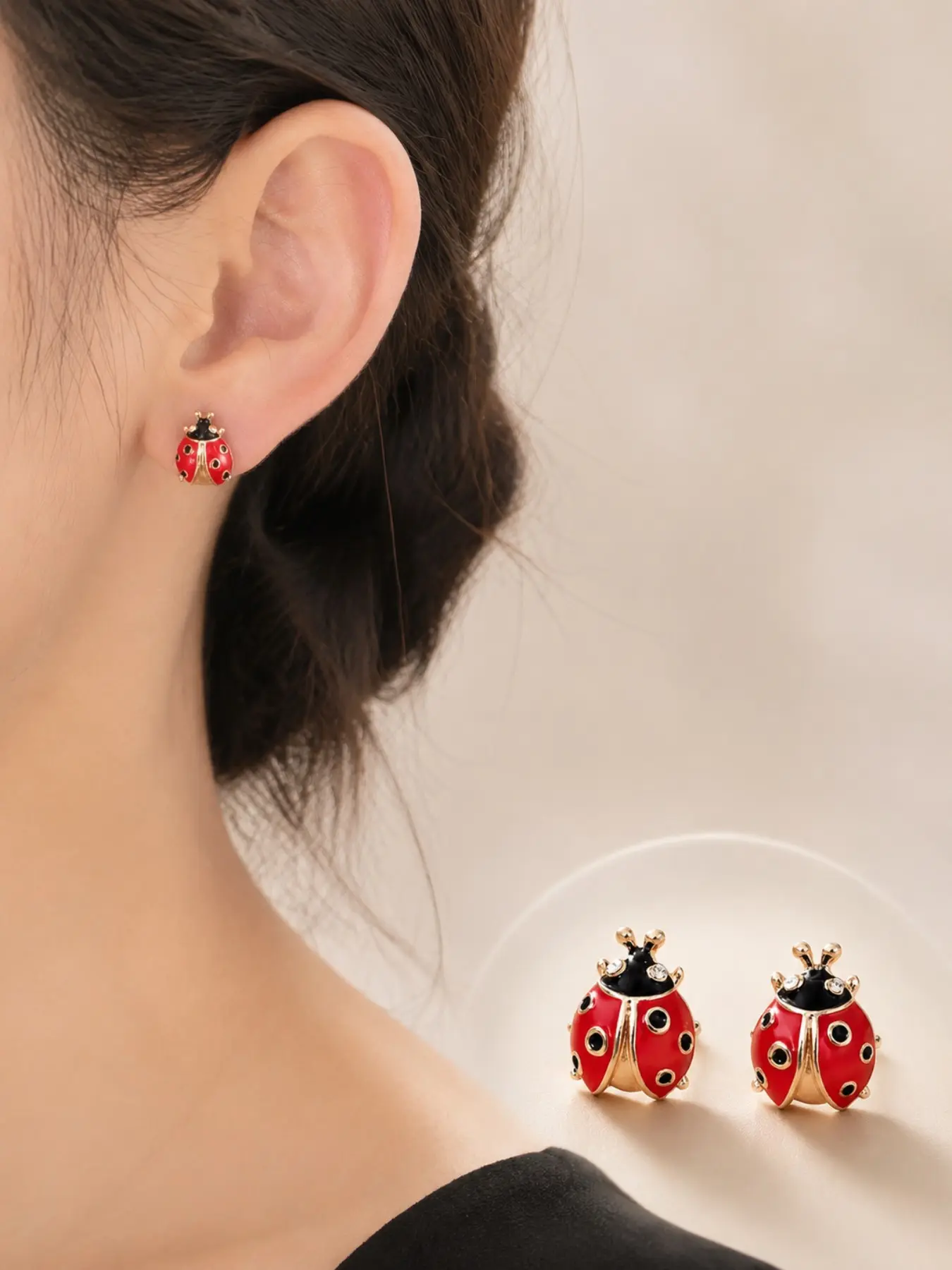 Cute Ladybug Earrings, Rhinestone Embellished, Fun Insect Design, Bright Colors, Childlike Atmosphere, Pair of Earrings