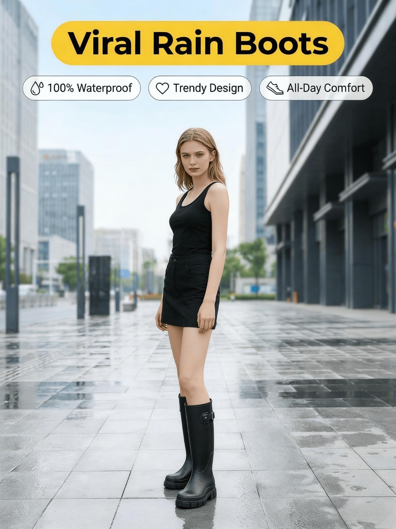 Women's Solid Color High Top Rain Boots, Comfortable Waterproof Shoes, Durable Fashion Footwear, Suitable for All Seasons, Daily Use and Outdoor Activities