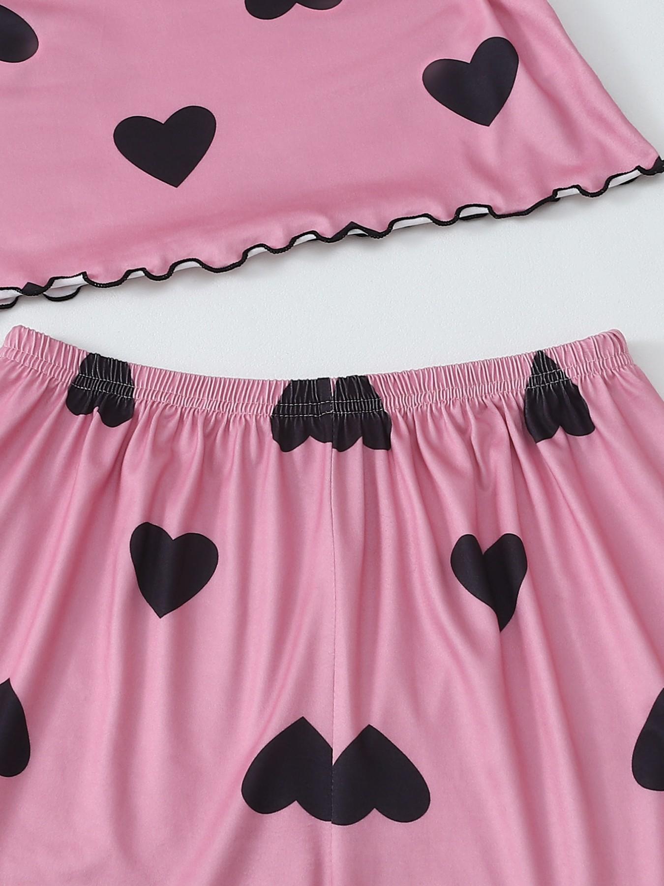 Aesthetic Pink Black Heart Pajama Set Women, Cami Top Shorts, Spring Summer Wearable, Heart Print, Relaxed Fit Loungewear