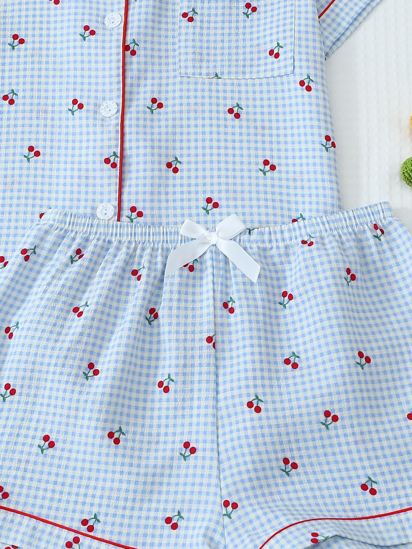 Women's Short Sleeve Button Down Top and Shorts Pajama Set, Spring Summer Wear, For Energetic Teen Girls, Blue White Gingham With Bright Cherry Print, Classic Lapel Collar, Loose Vitality Fit, Comfortable For Home & Gatherings