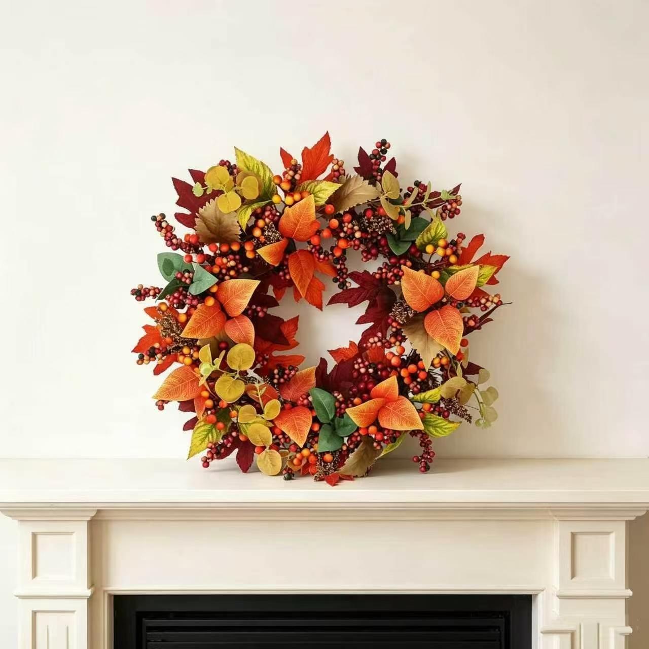 Vibrant Autumn Artificial Wreath, Maple Leaves with Mixed Berries, Rustic Thanksgiving and Fall Porch Decor