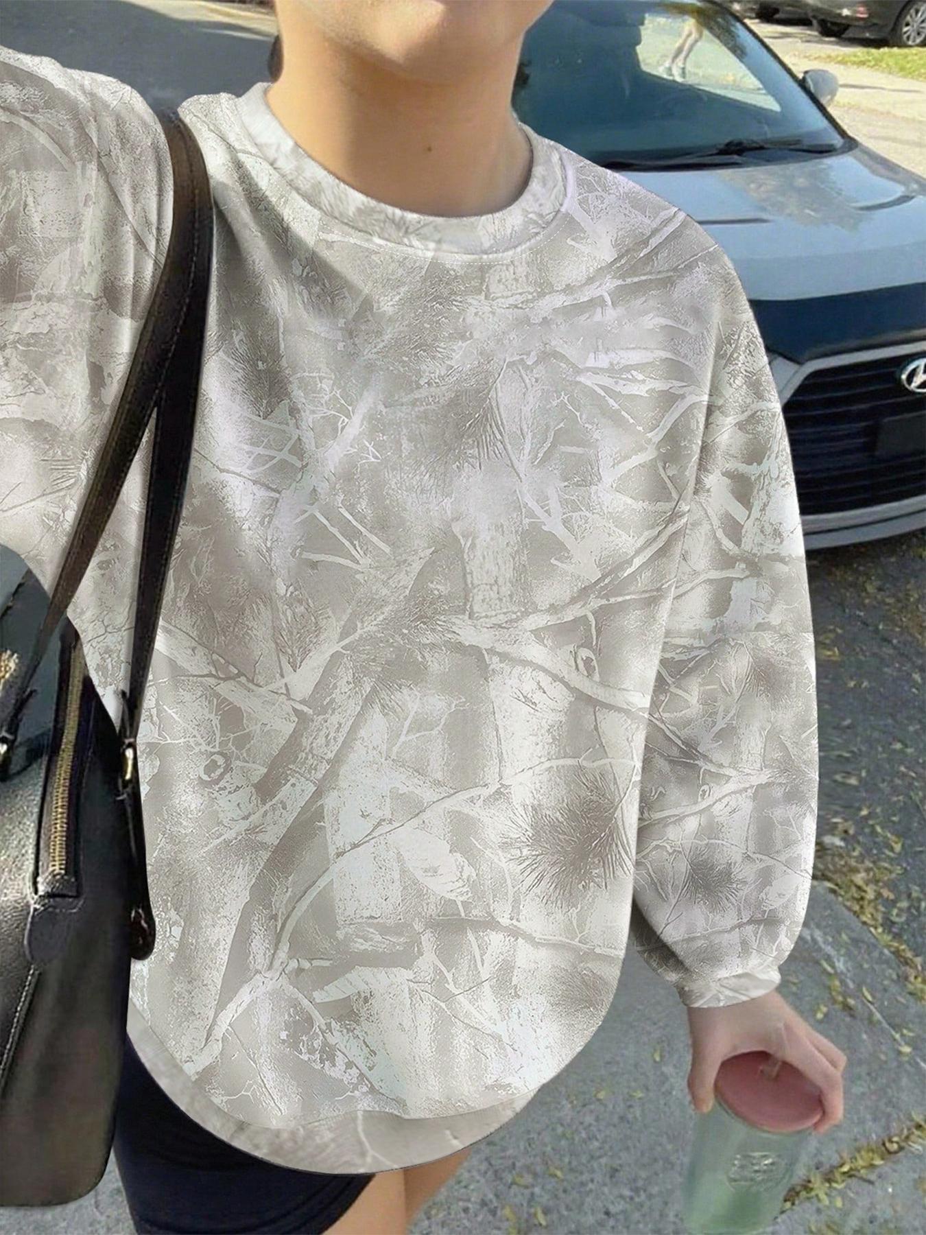 Unisex Casual Branch Print Long Sleeve Loose Fit Pullover Sweatshirt, Fall & Winter Street Style, Graduation & Back-To-School Wear