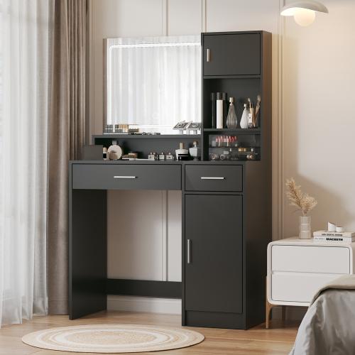 [Bellemave]Vanity Desk with Mirror and LED Light Strip,Dressing Table with Large Drawer, 3 Level Storage Dresser & 3 Lighting Modes Adjustable Brightness, Suitable for Bedroom(White)