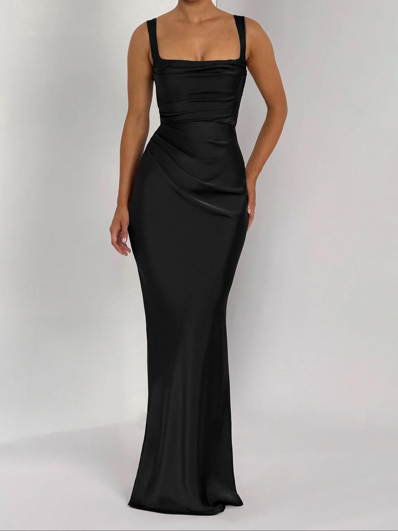 Pure Color Satin Adjustable Square Neck Sleeveless Dress, Elegant Evening Gown with Waist Cinching and Back Tie, Slim-Fitting Long Dress